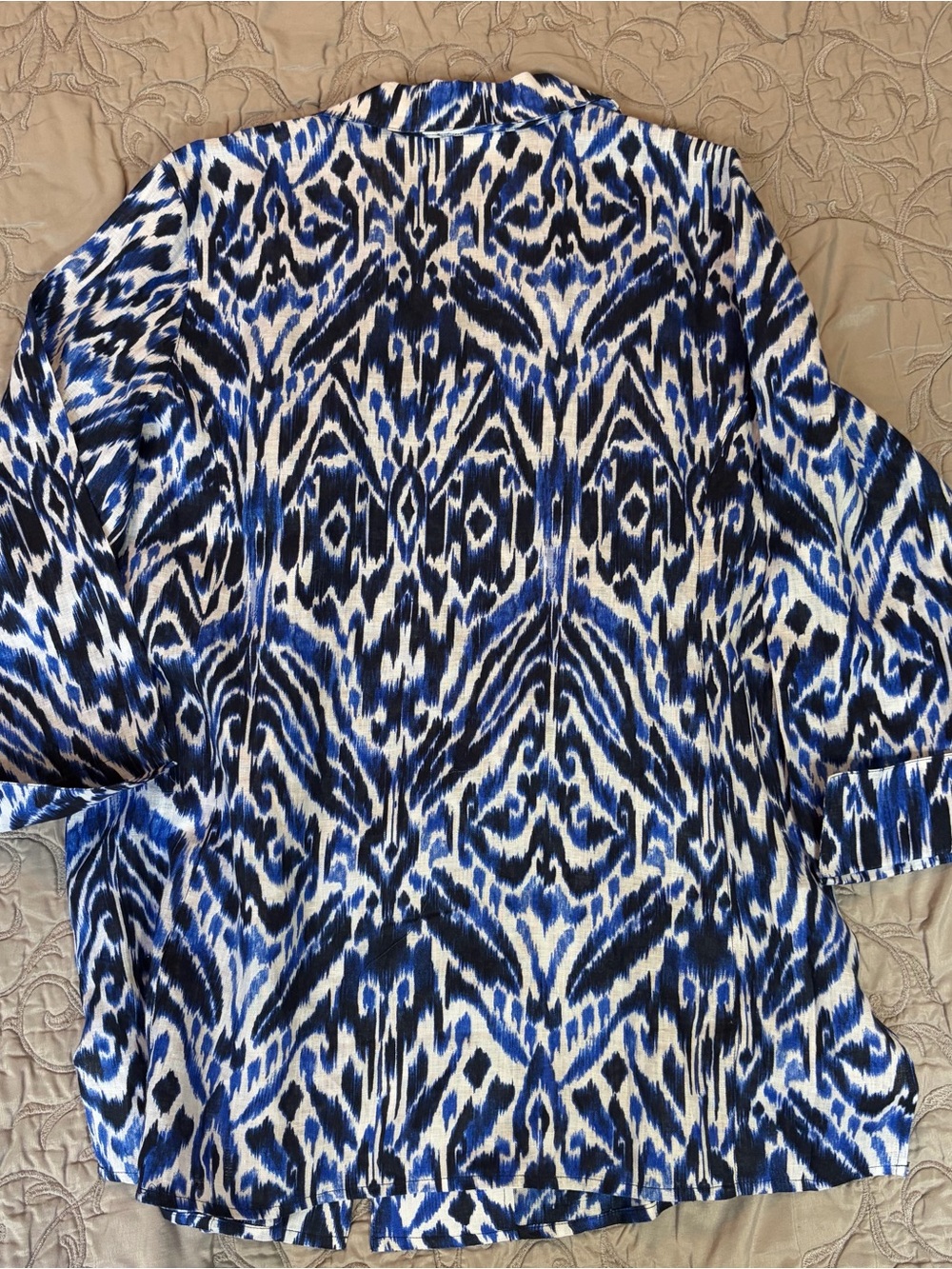 Chico's Shirt Sz 2 Large Linen Women’s Blue/White Ikat Abstract 100% Linen Tunic - Picture 11 of 11
